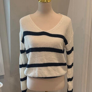 SHEIN Striped V-Neck Sweater - White and Navy-Size Small